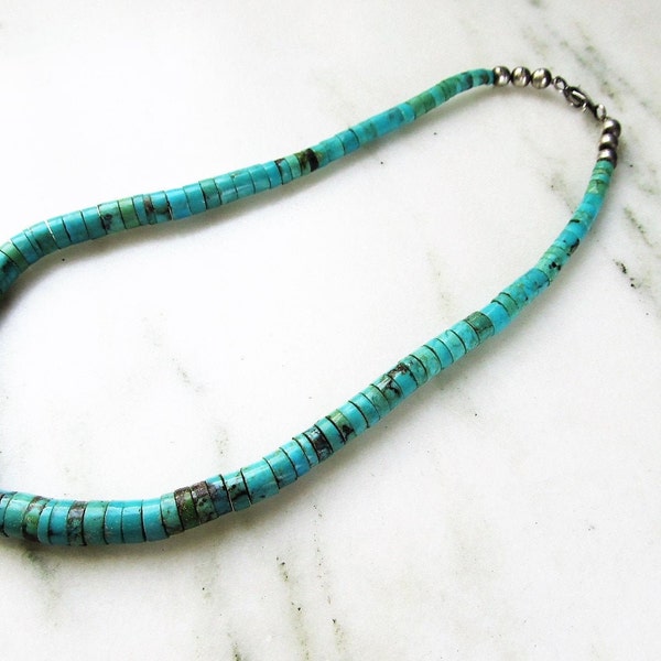 Estate Vintage Turquoise Beaded Sterling Silver Necklace Handmade ETC4028