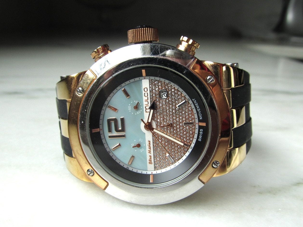 Womens Mulco Blue Marine Swiss Rose Gold Abalone Rhinestone Wristwatch ETC9265 Etsy
