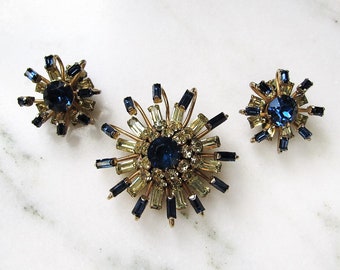 Vintage Kramer of New York Blue Rhinestone Brooch & Clip Earrings Set ETC5892