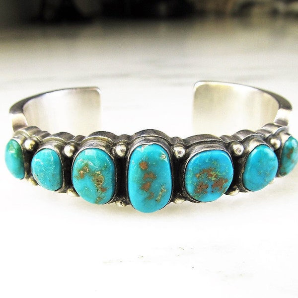 Vintage Navajo Ernest R. Begay Turquoise Cabochon Heavy Sterling Silver Bracelet Handmade ETC1837