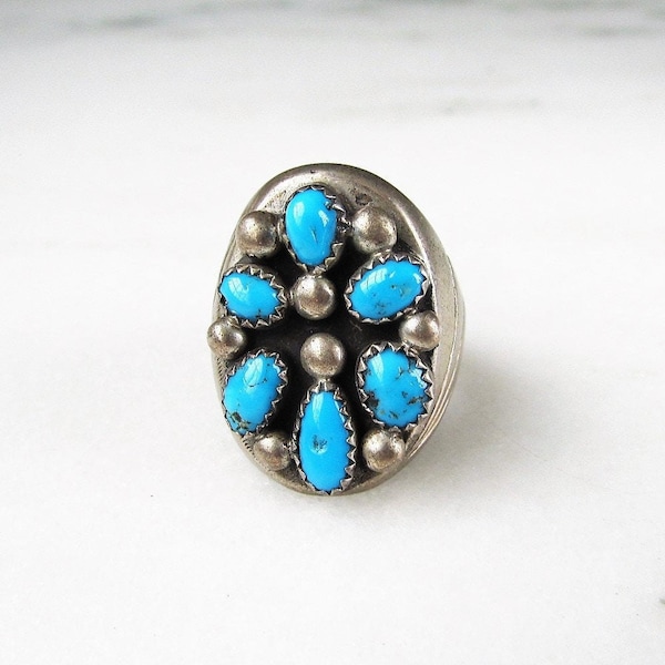 Vintage Navajo Turquoise Cluster Sterling Silver Handmade Ring ETC3438