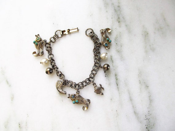 Vintage Whale Fish Charm Bracelet Silver Tone ETC… - image 1