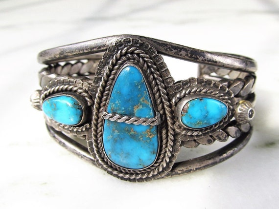 Estate Navajo Large Heavy Sterling & Turquoise Ha… - image 8