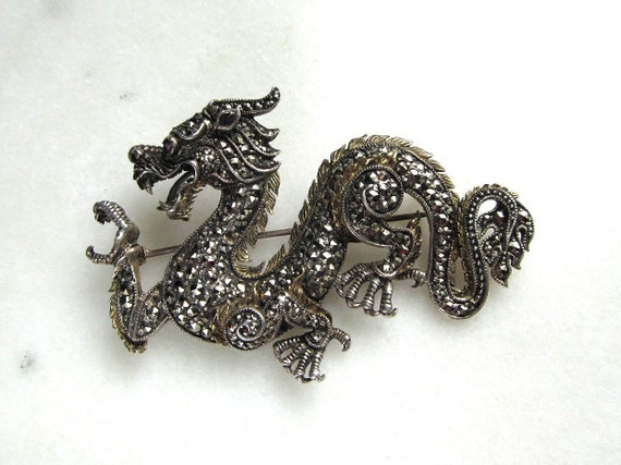 Vintage Dragon Sterling Silver & Marcasite Brooch… - image 1