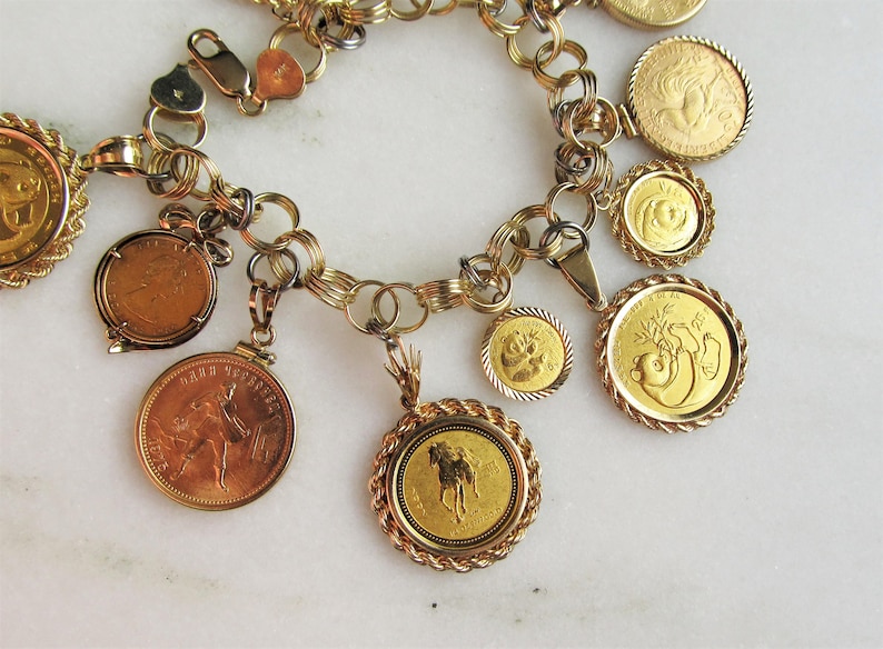 14K Yellow Gold Chunky Coin Charm Bracelet .900.9999 Gold Etsy