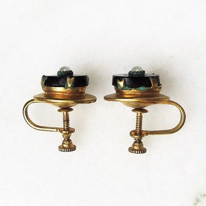 Art Deco Seed Pearl & Black Glass Gold Filled Vintage Screwback Earrings ETC1981 image 6