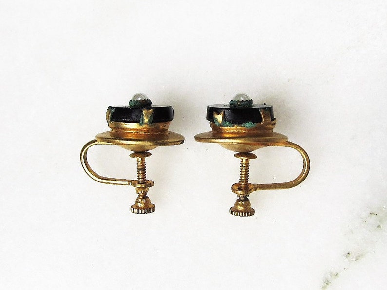 Art Deco Seed Pearl & Black Glass Gold Filled Vintage Screwback Earrings ETC1981 image 6