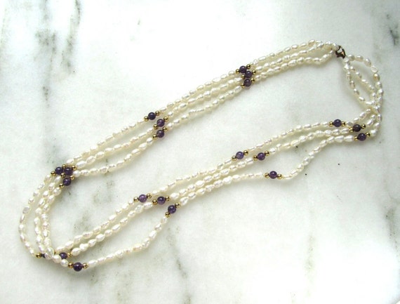 Vintage White Pearl & Amethyst Gemstone Triple St… - image 1