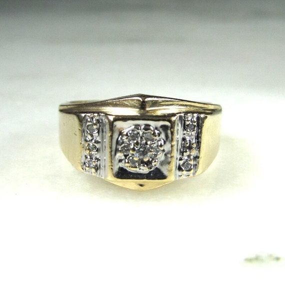 Mens Vintage 14K Two Tone Diamond Cluster Ring ETC