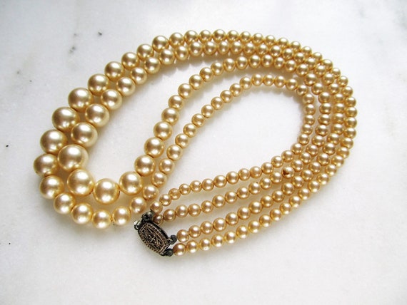 Vintage Double Strand Gold Finish Pearl Necklace … - image 6