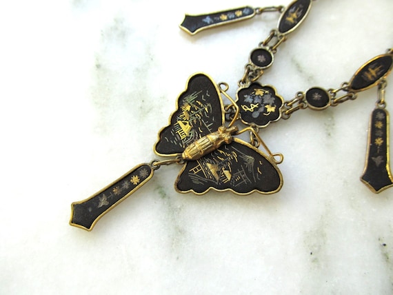 Vintage K24 Butterfly Damascene Link Pendant Neck… - image 3