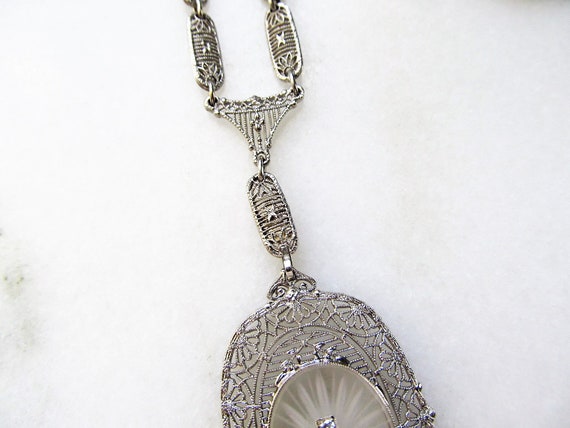 Antique 14K Diamond Art Deco Camphor Glass Lavali… - image 4