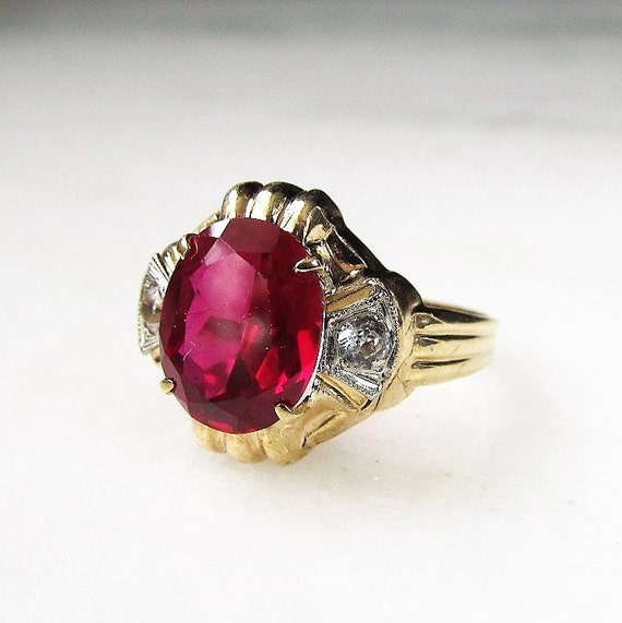 Antique 10K Otsby-Barton Red Glass Stone Ring Sz … - image 2