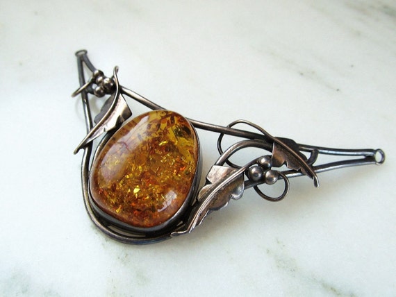 Estate Amber & Sterling Silver Necklace Pendant E… - image 2