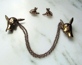 Vintage Rhinestone Deer Sweater Clip Pins with Matching Screw Back Earrings Set ETC7794