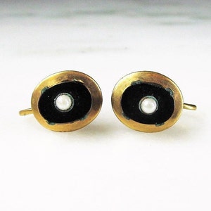 Art Deco Seed Pearl & Black Glass Gold Filled Vintage Screwback Earrings ETC1981 image 2