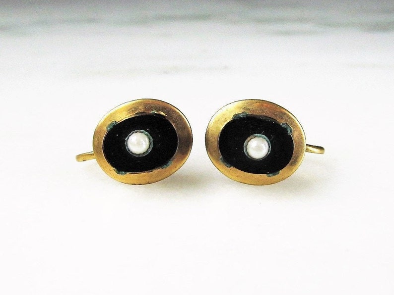 Art Deco Seed Pearl & Black Glass Gold Filled Vintage Screwback Earrings ETC1981 image 2