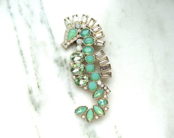 Vintage Green Glass & White AB Stone Large Seahorse Brooch Gold Tone ETC9526