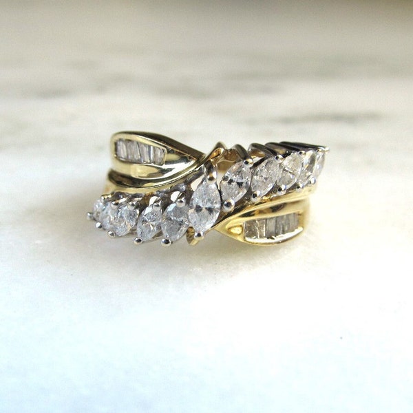 Vintage 14K Two Tone Gold Ladies Marquise Diamond Cocktail Ring ETC9220