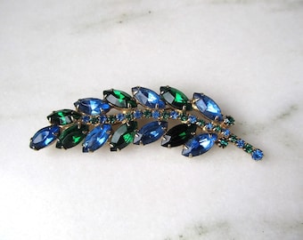 Vintage Blue & Green Rhinestone Feather Leaf Brooch ETC6972