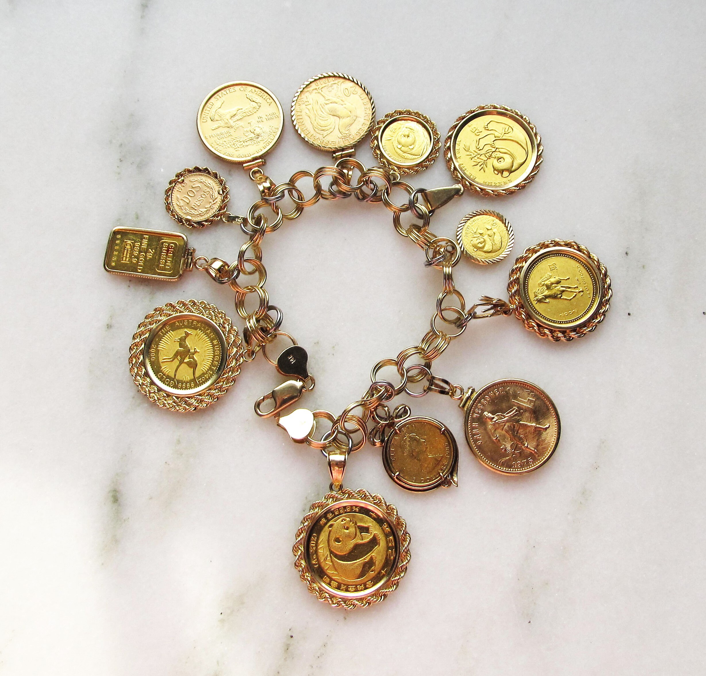 14K Yellow Gold Chunky Coin Charm Bracelet .900.9999 Gold - Etsy