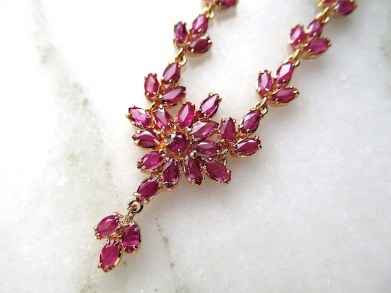 Vintage Ruby Cluster 9K Yellow Gold Necklace & Da… - image 3