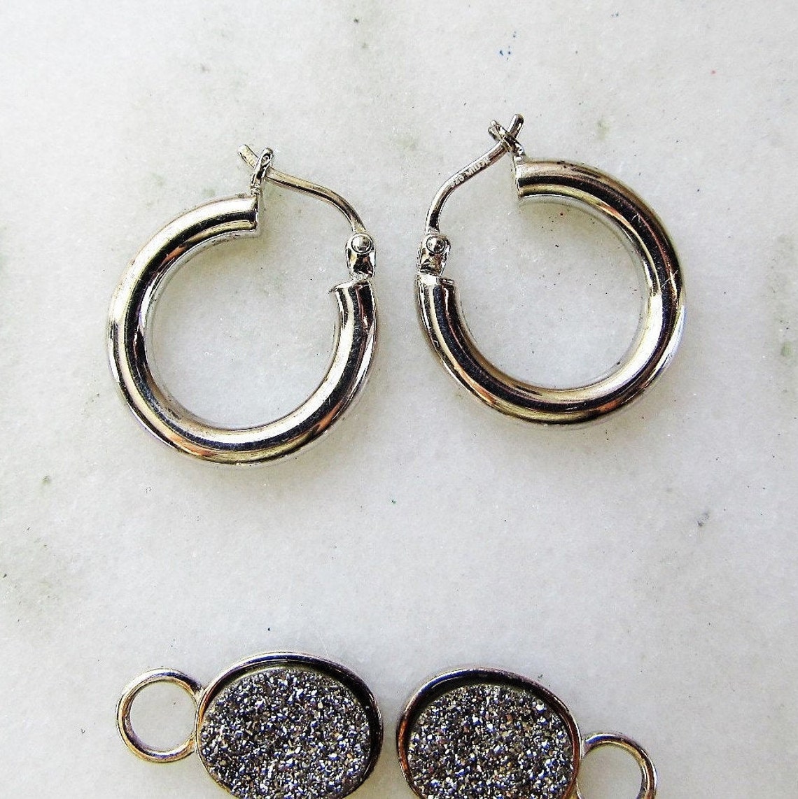 Vtg Milor Sterling Silver Hoop Earrings With Platinum Drusy - Etsy