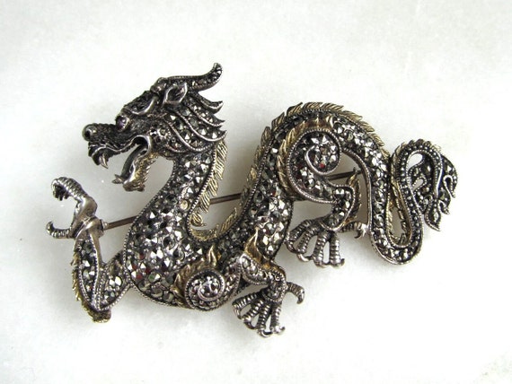 Vintage Dragon Sterling Silver & Marcasite Brooch… - image 2