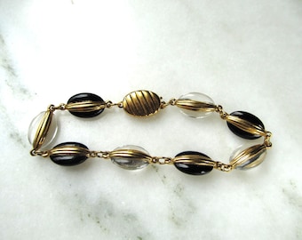 Vintage Swarovski Clear & Black Glass Gold Tone Link Bracelet ETC9206