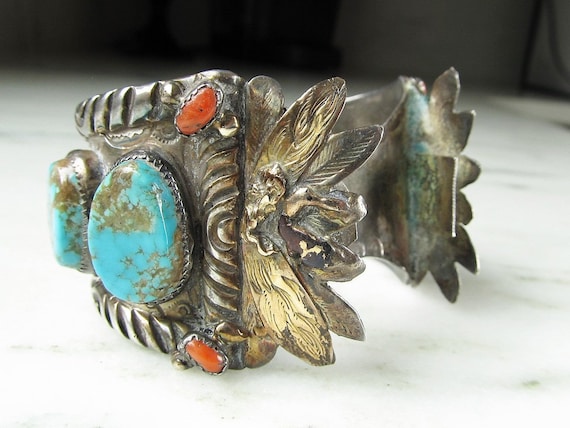Antique Navajo Old Pawn Watch Cuff Bracelet w/ Tu… - image 1