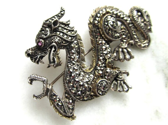 Vintage Dragon Sterling Silver & Marcasite Brooch… - image 5