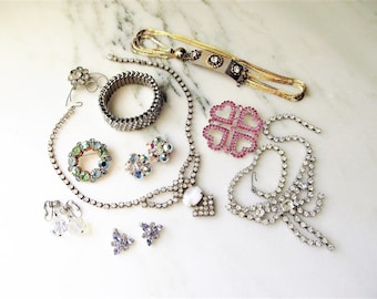 Vintage Rhinestone Costume Jewelry Lot Necklace Bracelet Earrings ETC4610