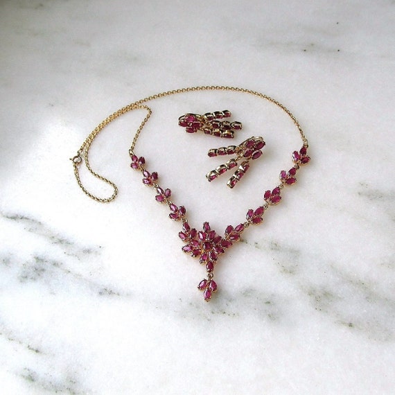 Vintage Ruby Cluster 9K Yellow Gold Necklace & Da… - image 1