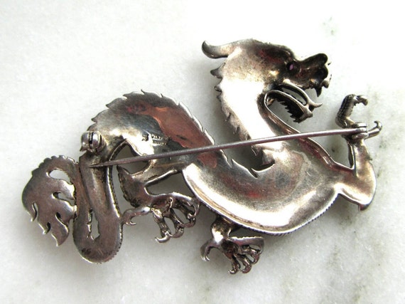 Vintage Dragon Sterling Silver & Marcasite Brooch… - image 7