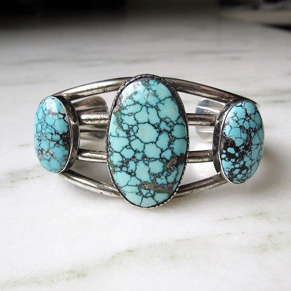 Estate Sterling Silver "TB" Navajo Spiderweb Turquoise Heavy Handmade Cuff Bracelet ETC1475