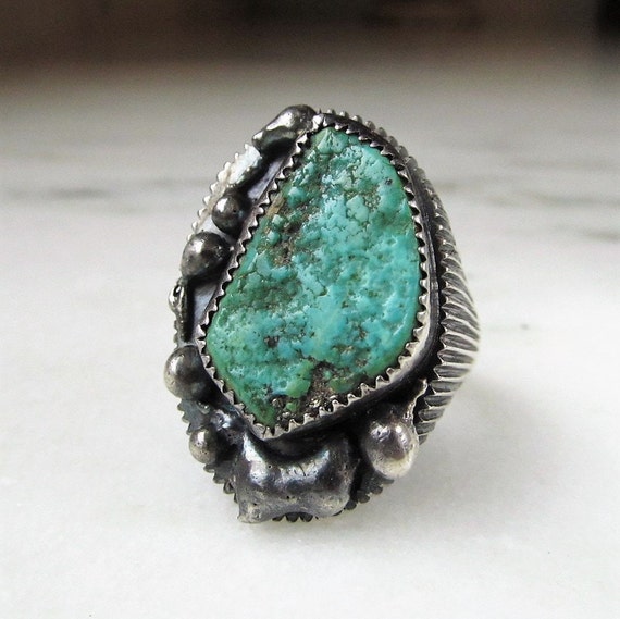 Vintage Navajo Turquoise Huge Old Pawn Mens Ring … - image 2