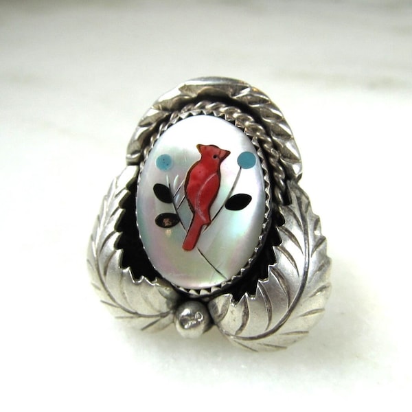 Vintage Sterling Silver Native American Cardinal Bird Multi Stone Inlay Ring Sz 7 3/4 ETC8528