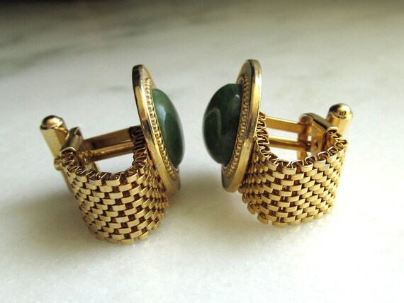 Vintage Green Glass Gold Metal Mesh Cufflinks ETC… - image 4