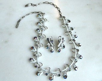 Vintage Aurora Borealis Crystal Rhinestone Silver Tone White Enamel Choker & Clip Earrings Set ETC7858