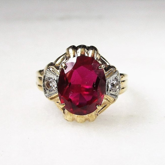 Antique 10K Otsby-Barton Red Glass Stone Ring Sz … - image 1