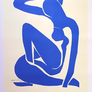 May include: A blue silhouette of a seated figure, a classic artwork by Henri Matisse. The artwork is titled "Blue Nude" and is dated 1952.