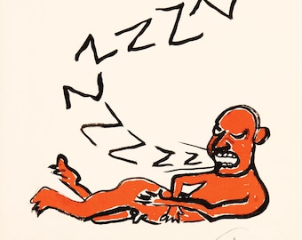 May include: An orange figure lies on its side with the word "ZZZ" above it, indicating sleep. The figure has a grumpy expression and is drawn with black outlines on a white background. The artwork has a simple, cartoonish style.