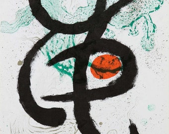 May include: Abstract art print featuring black ink lines and shapes on a white background with splashes of green, red, and yellow paint.