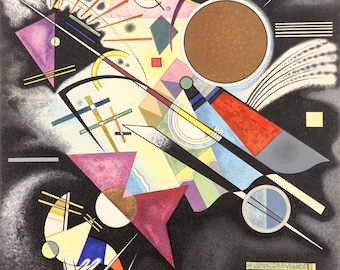 May include: Abstract artwork with geometric shapes in various colors, including red, purple, yellow, and blue, set against a dark background. The composition features triangles, circles, and lines, creating a dynamic and visually engaging design.