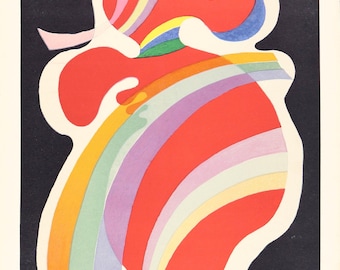 May include: Abstract art print featuring a red, organic shape with a rainbow arc design. The artwork includes a black background and a white outline, with a small flower and other colorful details.