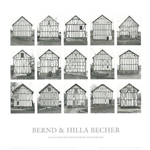 May include: A black and white photograph of a series of 12 identical houses with a distinctive half-timbered design. The houses are arranged in a grid pattern, with each house facing the camera. The photograph is titled "BERND & HILLAR BECHER COLLECTION OF CONTEMPORARY PHOTOGRAPHS".