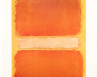 May include: Abstract painting with three horizontal bands of color. The top band is yellow, the middle band is a pale orange, and the bottom band is a deep orange.