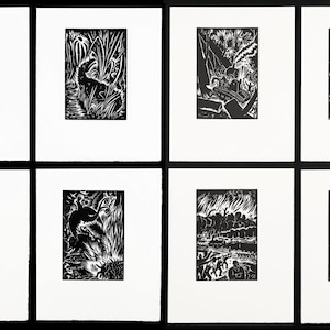 Frans Masereel, oito xilogravuras sobre papel artesanal Van Gelder, edição de 100.