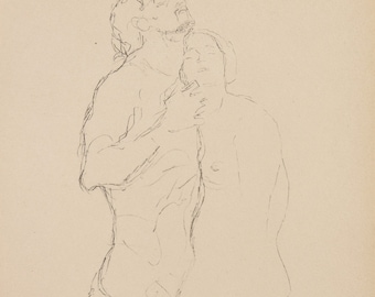 May include: A black and white line drawing of two figures embracing. The figures are nude and appear to be in a passionate embrace.