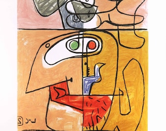 May include: Abstract art print featuring a colorful, geometric design with a black outline. The print is divided into four sections, each with a different color and shape. The top section is pink, the second section is orange, the third section is red, and the bottom section is yellow. The print is signed "Le Corbusier" in the bottom left corner.